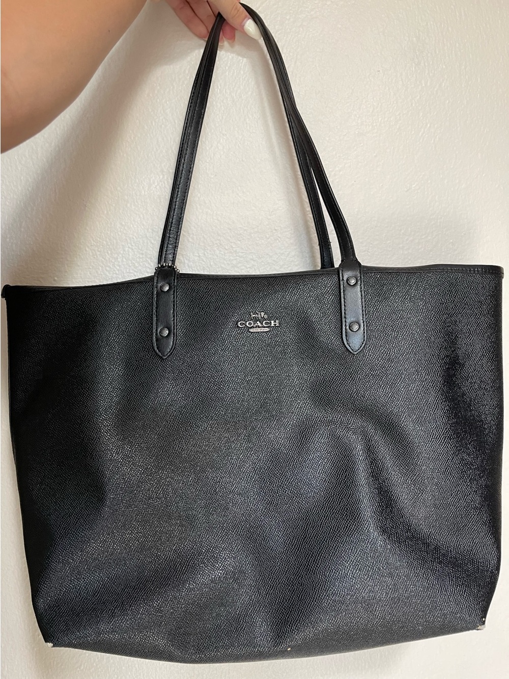 Coach Black Leather Tote with Silver Logo